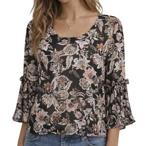 Buffalo David Bitton Blouse Small Black Floral Print Semi Sheer 3/4 Sleeves Boho